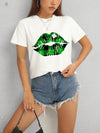 Plaid Lip Graphic Round Neck T-Shirt