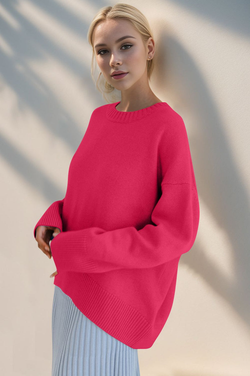 Pink Basic Bae Round Neck Dropped Shoulder Sweater