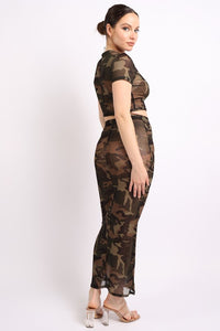 Left side view of Camo printed top and maxi skirt set