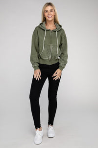 Buy green Acid Wash Fleece Cropped Zip-Up Hoodie