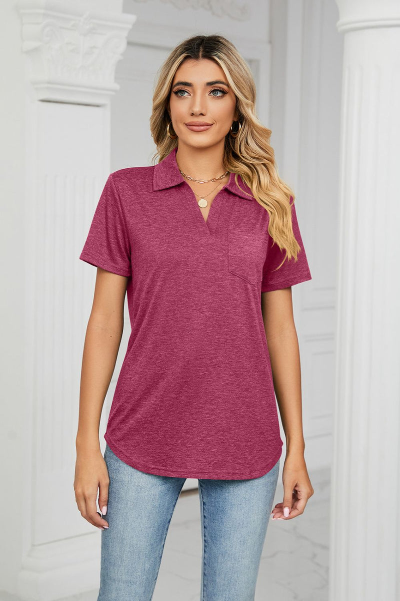 Burgundy Curved Hem Johnny Collar Polo Shirt