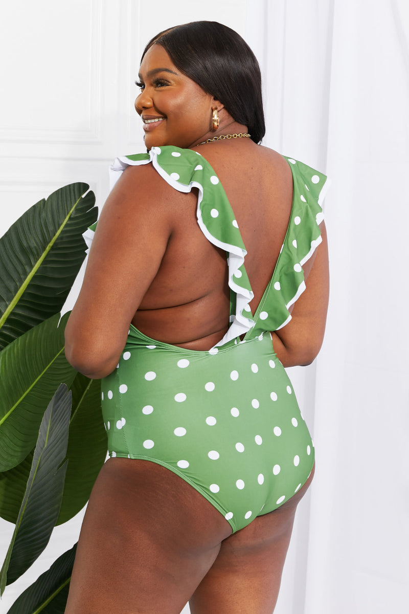 Back view of Moonlit Dip Ruffle Plunge Swimsuit in Mid Green