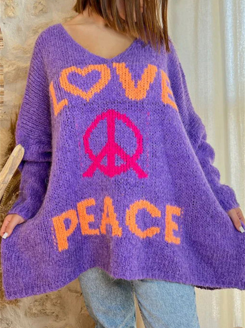 Peace Graphic V-Neck Long Sleeve Sweater