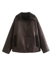 Front view of Collared Neck Long Sleeve Plush Jacket