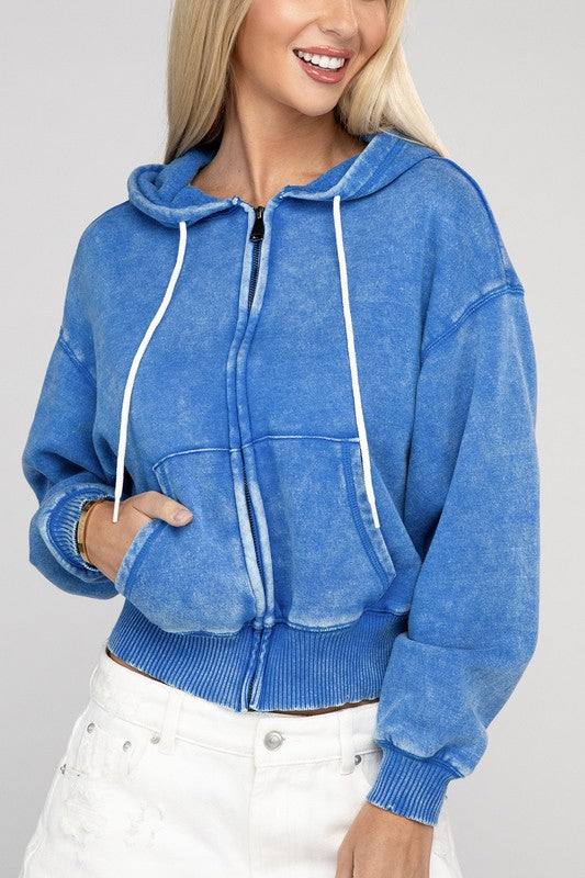 Navy Fleece Cropped Zip-Up Hoodie