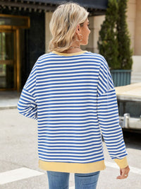 Slit Striped Round Neck Long Sleeve Sweatshirt