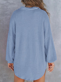 Back view of blue Waffle-Knit Dropped Shoulder Long Sleeve Sweatshirt