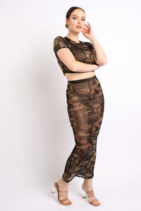 Camo printed top and maxi skirt set