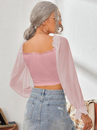 Mesh Sweetheart Neck Flounce Sleeve Top