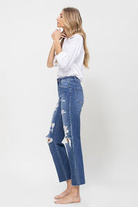 Distressed High Rise Ankle Relaxed Straight Jeans