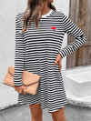 Heart Striped Round Neck Long Sleeve Mini Tee Dress