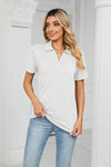 Front view of white Curved Hem Johnny Collar Polo Shirt