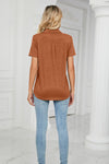 Back view of brown Curved Hem Johnny Collar Polo Shirt