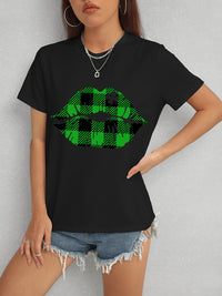 Plaid Lip Graphic Round Neck T-Shirt