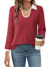 Contrast Collared Neck Long Sleeve Top