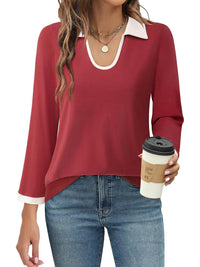 Contrast Collared Neck Long Sleeve Top