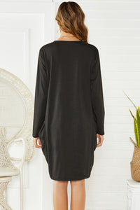 Pocketed Round Neck Long Sleeve Dress