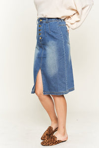 left view of Denim button down front midi skirt 