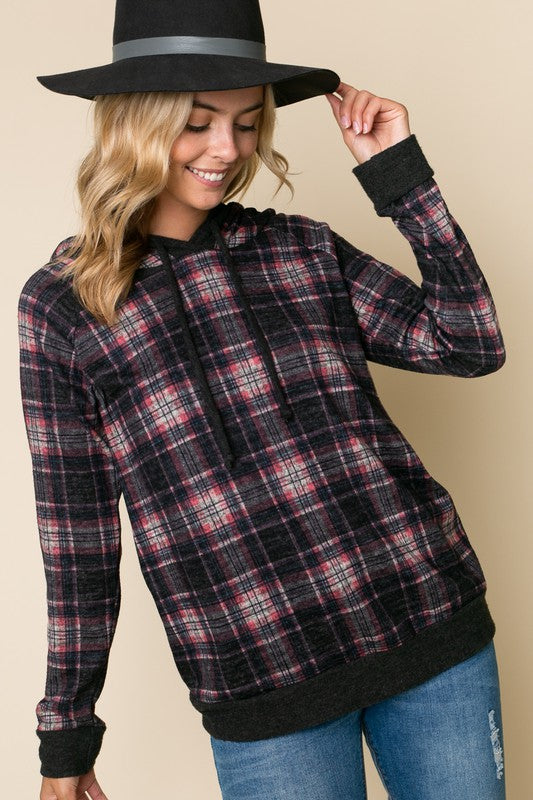 PLAID MIXED HOODIE SWEATSHIRT TOP