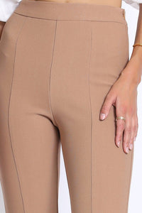 Close up front view of FRONT SLIT STRETCH PANTS-carmel