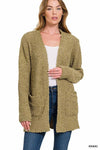 LONG SLEEVE POPCORN SWEATER CARDIGAN WITH POCKETS