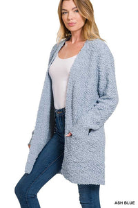 LONG SLEEVE POPCORN SWEATER CARDIGAN WITH POCKETS