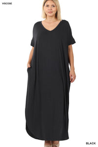 PLUS VISCOSE SIDE SLIT V-NECK MAXI DRESS