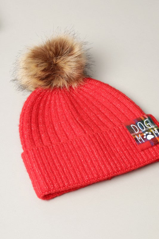 DOG MOM Rib Knit Beanie Hat with Faux Fur Pom