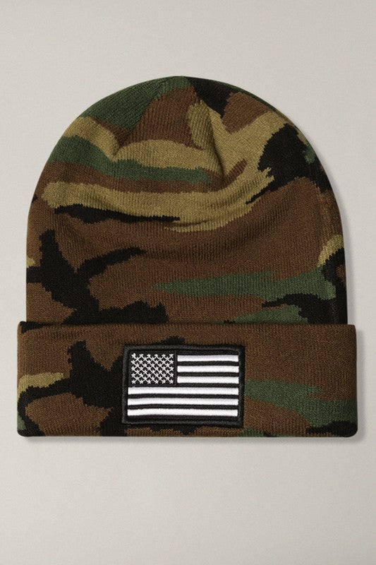 USA Flag Embroidery Patch Cuff Camo Beanie Hat