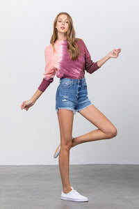 High Waist Long Fray Denim Shorts