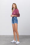 High Waist Long Fray Denim Shorts