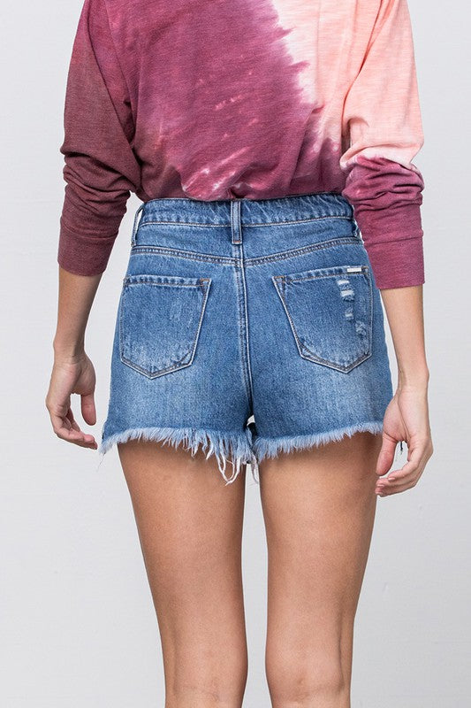 High Waist Long Fray Denim Shorts