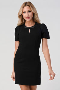 Puff Sleeve Chain Neck Detail Ponti Dress