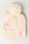 Daisy Pattern Knit Beanie w Faux Fur Pom Pom