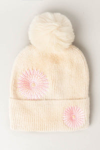 Daisy Pattern Knit Beanie w Faux Fur Pom Pom