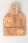 Daisy Pattern Knit Beanie w Faux Fur Pom Pom