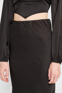 Close up view of BIAS CUT MAXI SKIRT WITH SLIT