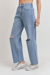 CINCHED WAIST WIDE LEG JEANS WITH KNEE SLITS