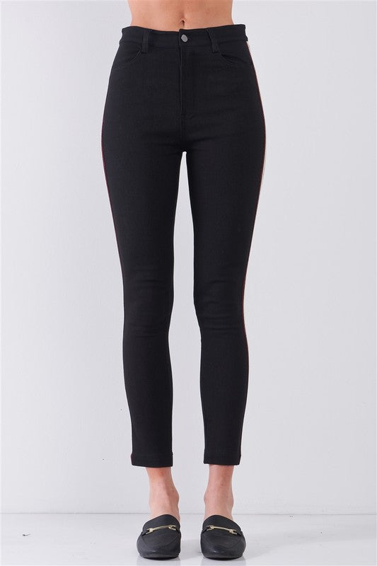 Black Mid Rise Multi Stripe Side Trim Pants