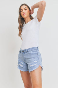 CURVED FRAY HEM JEAN SHORTS