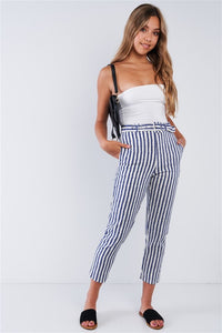 Navy Striped Tapered Belted Capri Pant