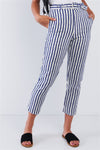 Navy Striped Tapered Belted Capri Pant