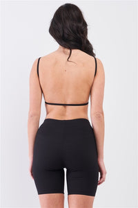 Back view of Black Striped Ribbed Top & Biker Shorts Set