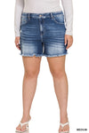 PLUS MID RISE RAW FRAYED HEM DENIM SHORTS