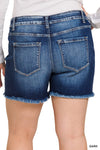 PLUS MID RISE RAW FRAYED HEM DENIM SHORTS