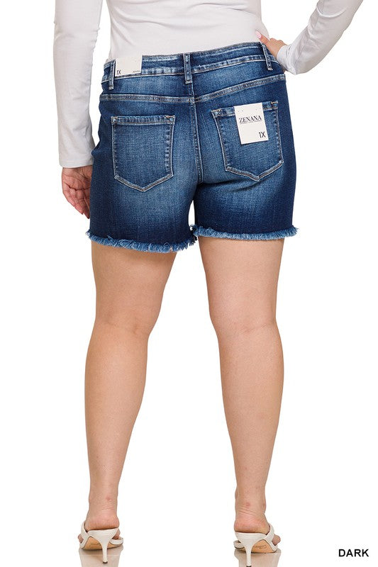 PLUS MID RISE RAW FRAYED HEM DENIM SHORTS