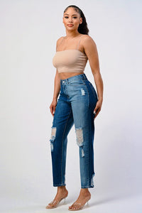 DISTRESSED TWO TONE WASH BAGGY MOM JEAN