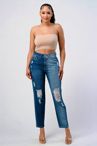 DISTRESSED TWO TONE WASH BAGGY MOM JEAN