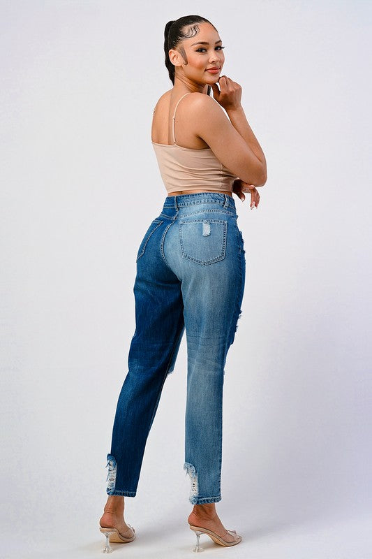 DISTRESSED TWO TONE WASH BAGGY MOM JEAN