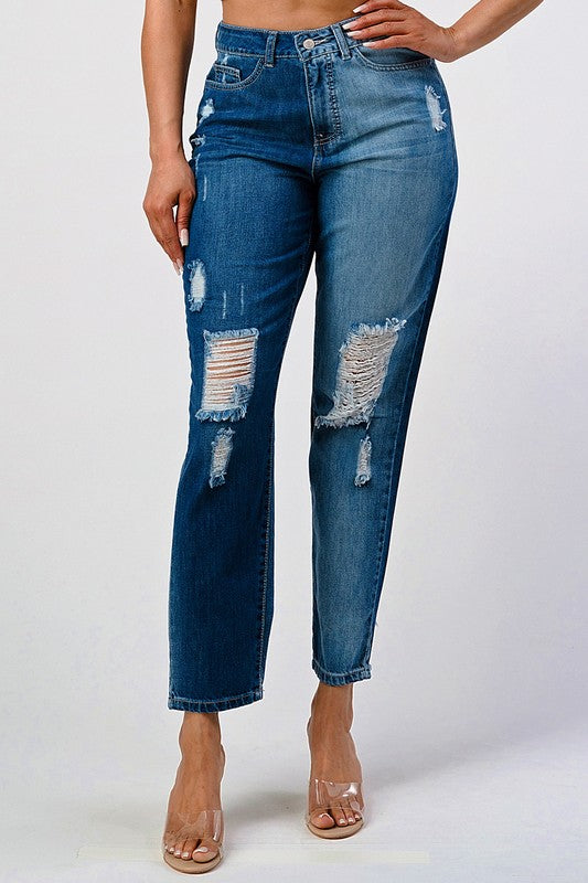 DISTRESSED TWO TONE WASH BAGGY MOM JEAN